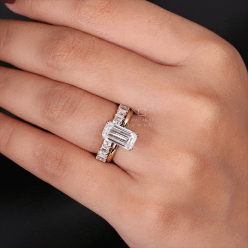 3CT Emerald Cut Moissanite Half Eternity Wedding Band Ring Set