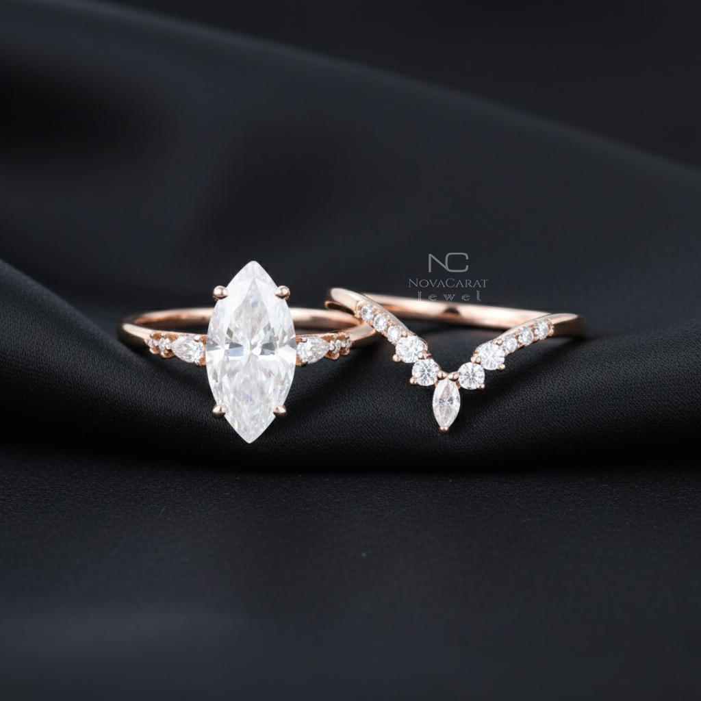 Marquise Moissanite Engagement Ring Set - Image 9