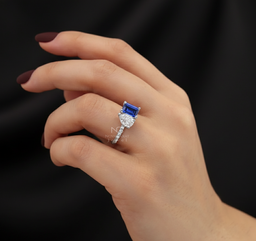 Pear & Emerald Moissanite Blue Gemstone Toi Et Moi Engagement Ring - Image 2