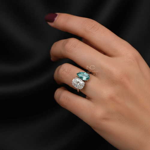 Toi et Moi Ring Cushion & Pear Cut Two Stone White and Blue Green Moissanite Vintage Ring