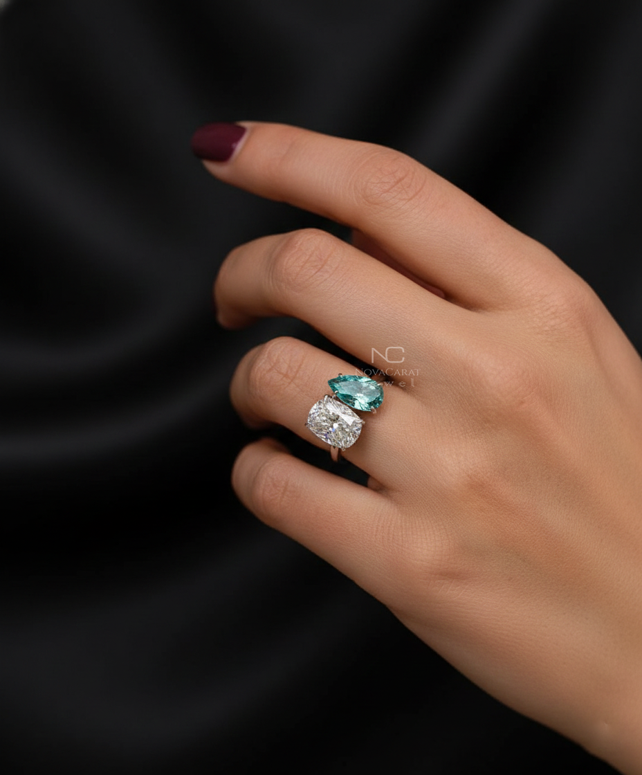 Toi et Moi Ring Cushion & Pear Cut Two Stone White and Blue Green Moissanite Vintage Ring