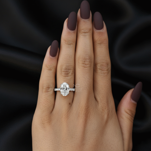 Oval Moissanite 4 Prong Hidden Halo Solitaire Engagement Ring