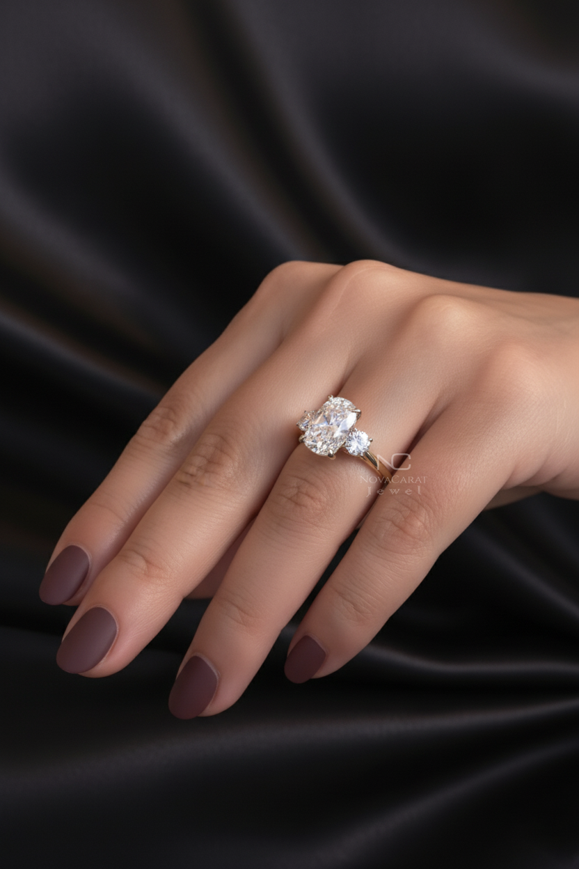 4CT Elongated Cushion And Side Round Cut Three Stone Moissanite Engagement Ring - Image 6