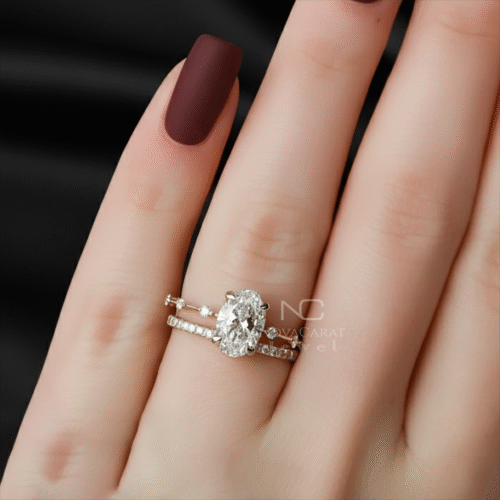 Oval Moissanite Engagement Pave Eternity & Plain Wedding Band Three Ring Set