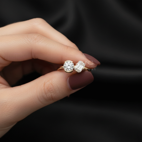 925 Sterling Silver Emerald & Round Moissanite 3CT Each Unique Toi Et Moi Ring