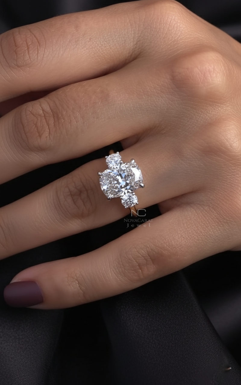 4CT Elongated Cushion And Side Round Cut Three Stone Moissanite Engagement Ring - Image 2