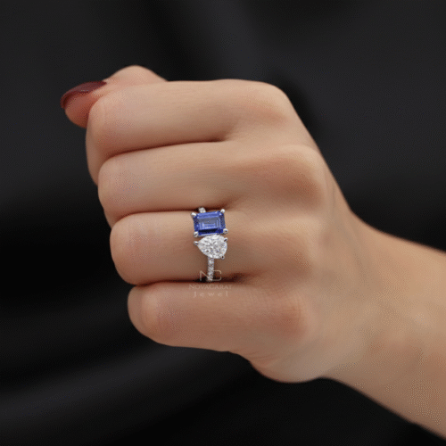 Pear & Emerald Moissanite Blue Gemstone Toi Et Moi Engagement Ring