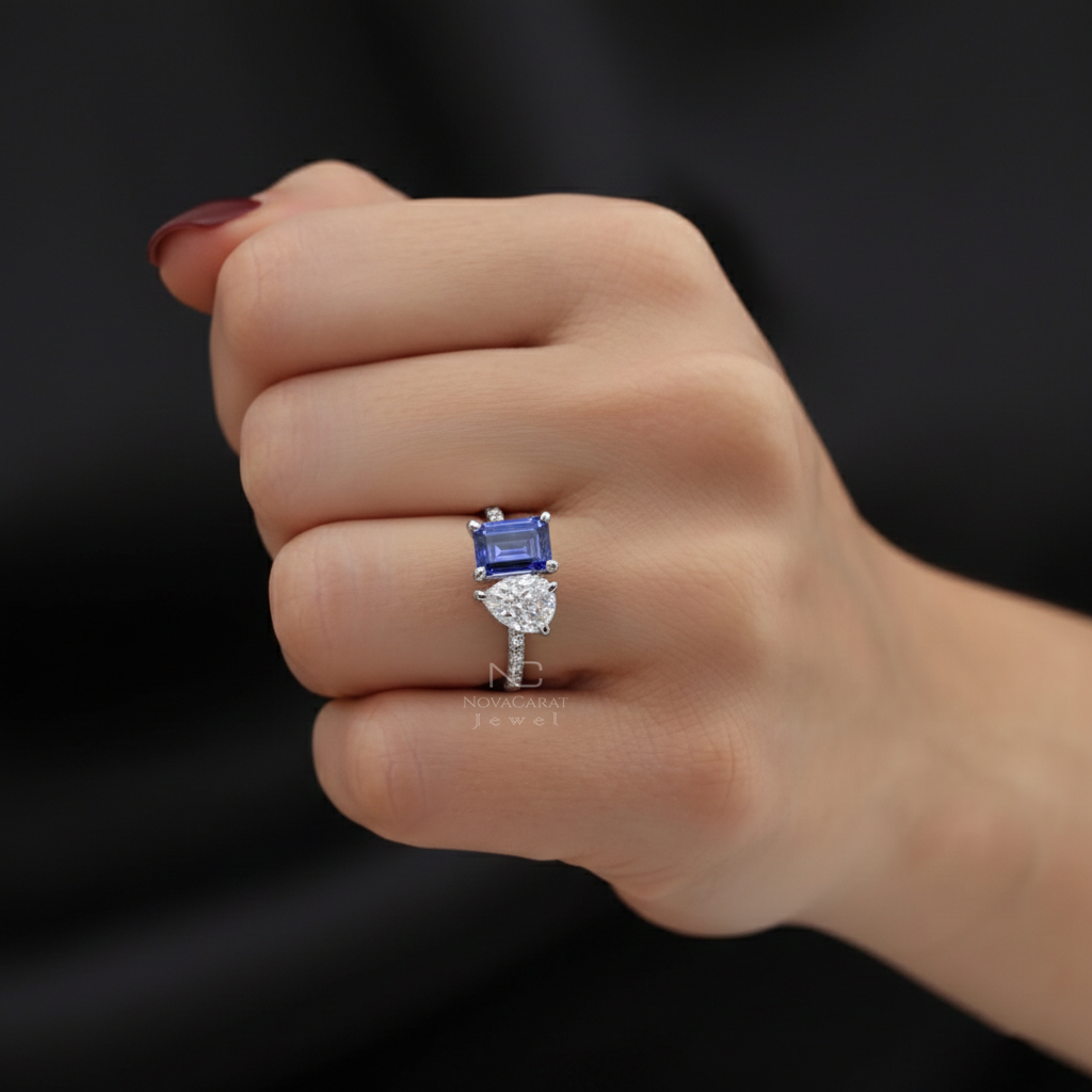 Pear & Emerald Moissanite Blue Gemstone Toi Et Moi Engagement Ring