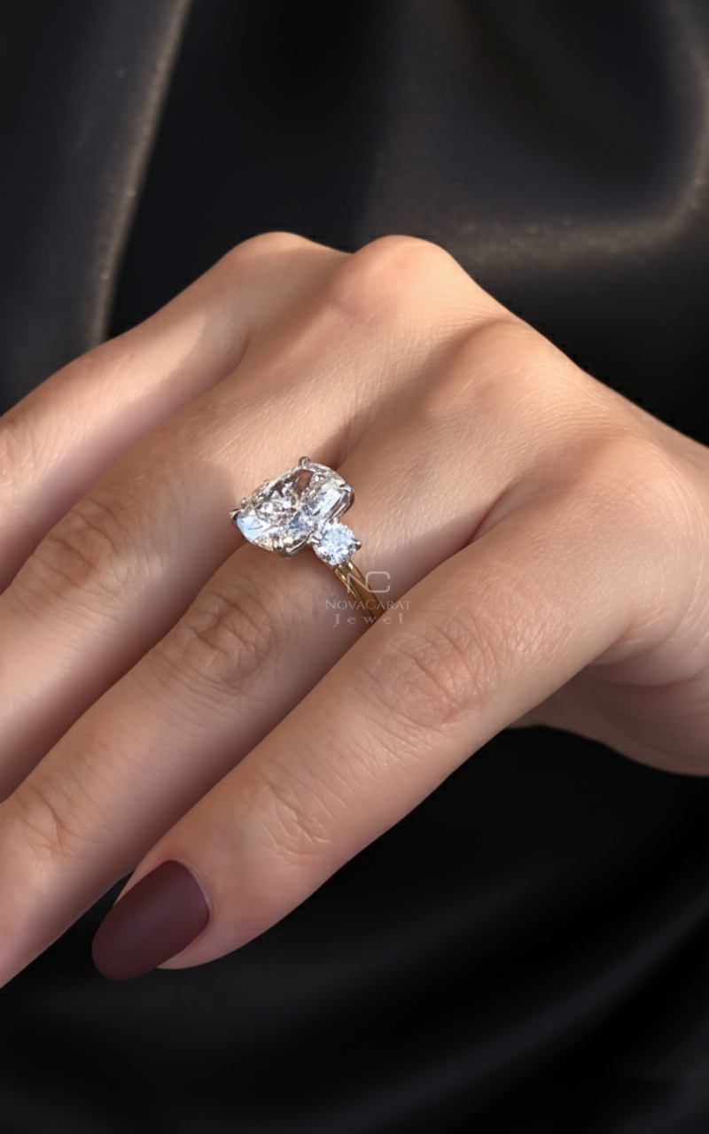 4CT Elongated Cushion And Side Round Cut Three Stone Moissanite Engagement Ring - Image 3