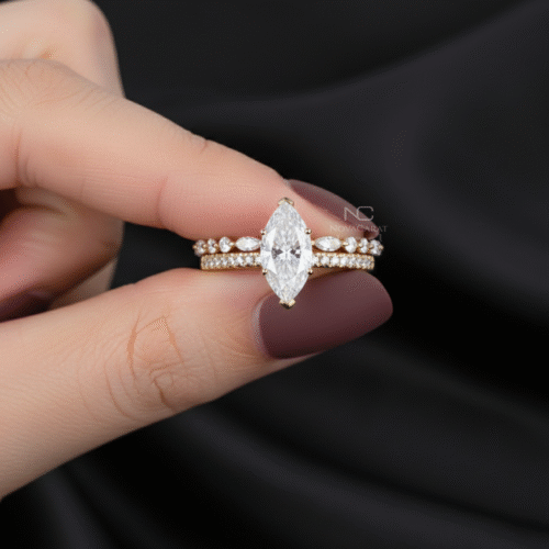 1.0 CT Marquise Cut Solitaire Pave Moissanite Bridal Ring Set